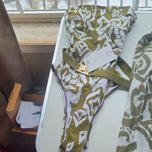 Stylish Olive Green and White Belted Swimsuit with Cover up